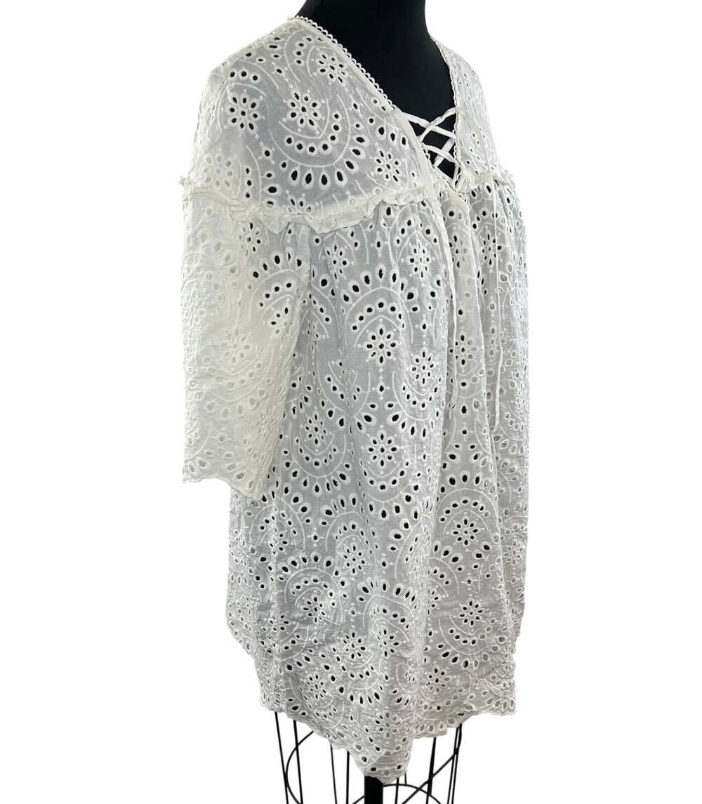 VINTAGE White Eyelet Lace Up Pullover Tunic Mini Dress Coverup Top Size S Small
